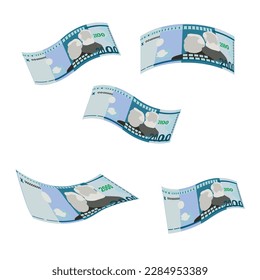 Dominican Peso Vector Illustration. Dominican Republic money set bundle banknotes. Falling, flying money 2000 DOP. Flat style. Isolated on white background. Simple minimal design.