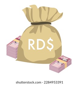 Dominican Peso Vector Illustration. Dominican Republic money set bundle banknotes. Money bag 200 DOP. Flat style. Isolated on white background. Simple minimal design.