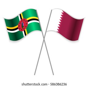 Dominican and Qatari crossed flags. Dominica combined with Qatar isolated on white. Language learning, international business or travel concept.