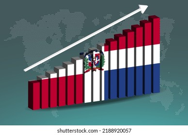 Dominican Republic 3D bar chart graph vector, upward rising arrow on data, country statistics concept, Dominican Republic country flag on 3D bar graph, increasing values, news banner idea