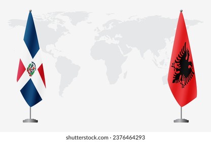 Dominican Republic and Albania flags for official meeting against background of world map.