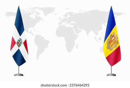 Dominican Republic and Andorra flags for official meeting against background of world map.