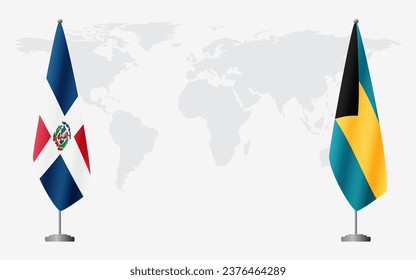 Dominican Republic and Bahamas flags for official meeting against background of world map.