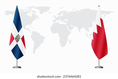 Dominican Republic and Bahrain flags for official meeting against background of world map.