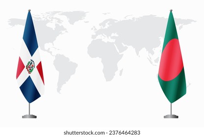 Dominican Republic and Bangladesh flags for official meeting against background of world map.