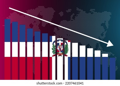 Dominican Republic bar chart graph, decreasing values, crisis and downgrade concept, Dominican Republic flag on bar graph, down arrow on data, news banner idea, fail and decrease, financial statistic