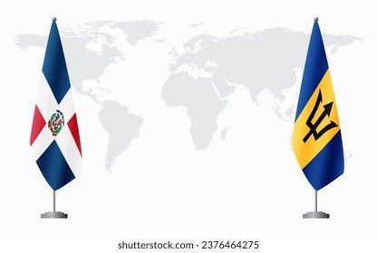 Dominican Republic and Barbados flags for official meeting against background of world map.