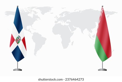 Dominican Republic and Belarusian flags for official meeting against background of world map.