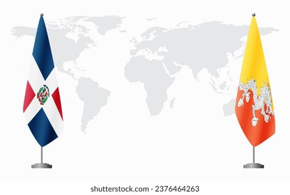 Dominican Republic and Bhutan flags for official meeting against background of world map.