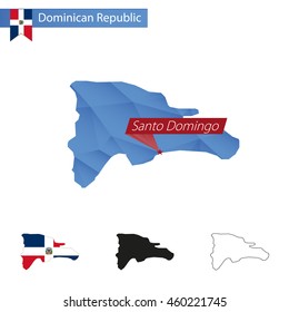 Dominican Republic blue Low Poly map with capital Santo Domingo, versions with flag, black and outline. Vector Illustration.