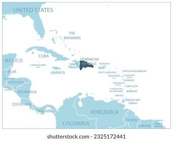 Dominican Republic - blue map with neighboring countries and names. Vector illustration