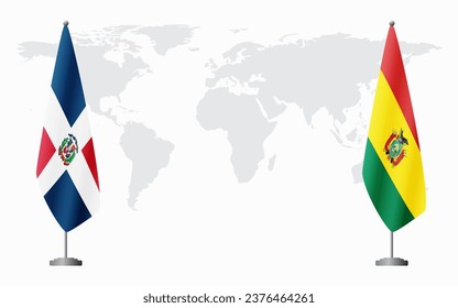 Dominican Republic and Bolivia flags for official meeting against background of world map.