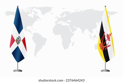 Dominican Republic and Brunei flags for official meeting against background of world map.