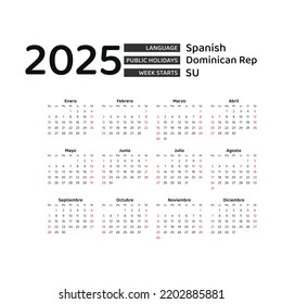 Dominican Republic calendar 2025. Week starts from Sunday. Vector graphic design. Spanish language.