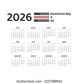 Dominican Republic calendar 2026. Week starts from Sunday. Vector graphic design. Spanish language.