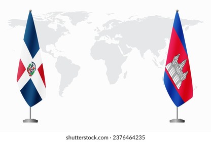 Dominican Republic and Cambodia flags for official meeting against background of world map.