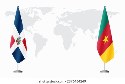 Dominican Republic and Cameroon flags for official meeting against background of world map.