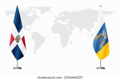 Dominican Republic and Canary Islands flags for official meeting against background of world map.