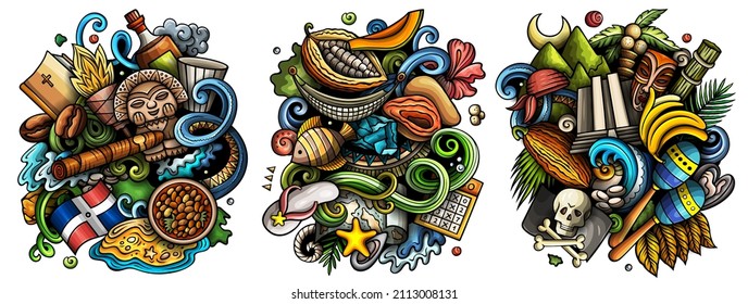 Dominican Republic cartoon vector doodle designs set. Colorful detailed compositions with lot of traditional symbols. Isolated on white illustrations