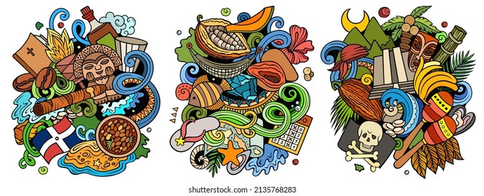 Dominican Republic cartoon vector doodle designs set. Colorful detailed compositions with lot of traditional symbols. Isolated on white illustrations