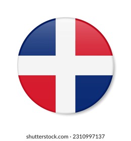 Dominican Republic circle button icon. Republica Dominicana round badge flag with shadow. 3D realistic vector illustration isolated on white.