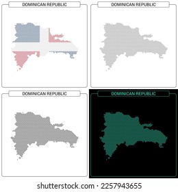 Dominican Republic Circular Mosaic Brick Dotted Map, Set of National Flag Color, Black Silhouette Country Boundary Isolated on White Background, Geographic Vector Illustration