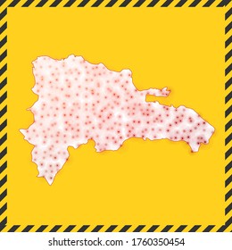 Dominican Republic closed - virus danger sign. Lockdown country icon with a black striped border around the map, illustrating the concept of virus spread. Vector illustration.