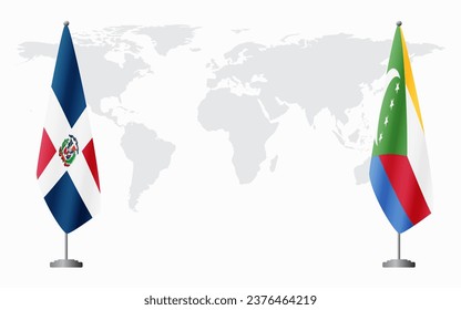 Dominican Republic and Comoros flags for official meeting against background of world map.