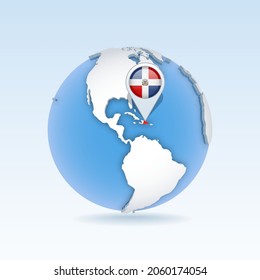 Dominican Republic - country map and flag located on globe, world map. 3D Vector illustration