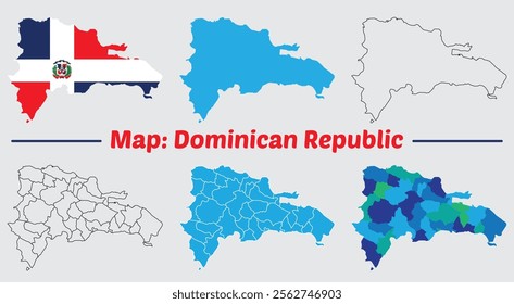 Dominican Republic country map set. internal provinces borders marked, Simple map of Dominican Republic vector drawing, Filled and outline.