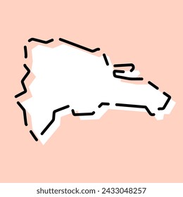 Dominican Republic country simplified map. White silhouette with black broken contour on pink background. Simple vector icon