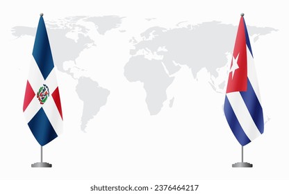 Dominican Republic and Cuba flags for official meeting against background of world map.