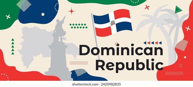 Dominican Republic Day banner with national flag and country map, statue of Christopher Columbus and palm trees silhouettes. Abstract geometric holiday design with minimalist shapes and elements