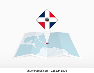 Dominican Republic is depicted on a folded paper map and pinned location marker with flag of Dominican Republic. Folded vector map.