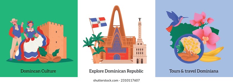 Dominican republic design concept set of three square compositions depicting flora fauna cuisine culture of south island vector illustration