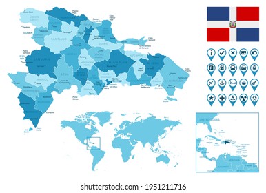 Dominican Republic detailed administrative blue map with country flag and location on the world map.