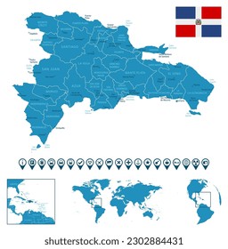 Dominican Republic - detailed blue country map with cities, regions, location on world map and globe. Infographic icons. Vector illustration