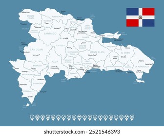 Dominican Republic - detailed blue country map with cities and regions. Infographic icons. Vector illustration