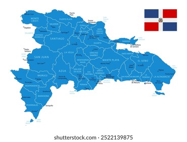 Dominican Republic - detailed blue country map with cities and regions. Vector illustration.