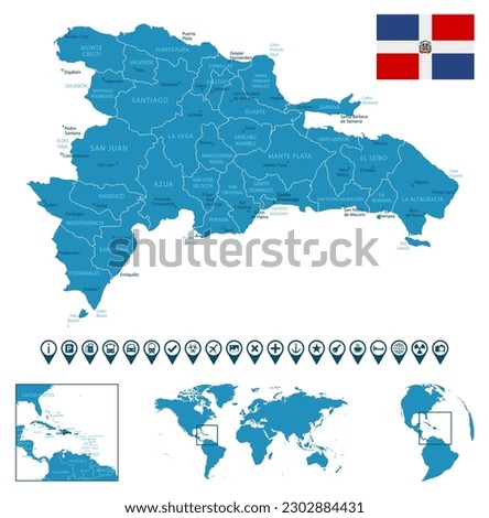 Dominican Republic - detailed blue country map with cities, regions, location on world map and globe. Infographic icons. Vector illustration