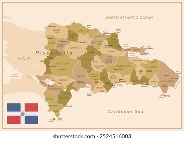 Dominican Republic - detailed map of the country in brown colors, divided into regions. Vector illustration