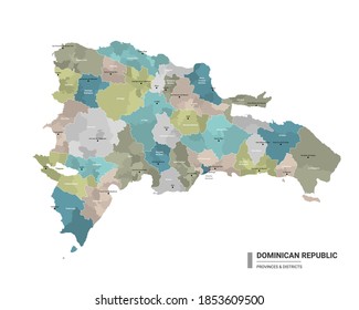 Dominican Republic  detailed map with subdivisions. Administrative map of Dominican Republic with districts and cities name, colored by states and administrative districts. Vector illustration.