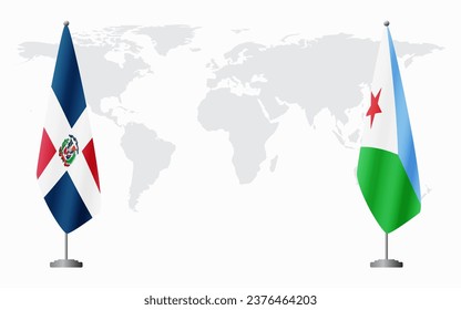 Dominican Republic and Djibouti flags for official meeting against background of world map.