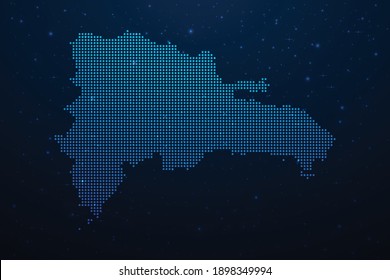 Dominican Republic dotted map in futuristic style, glowing outline made of stars lines dots. Communication, internet technologies concept on dark blue space background. Vector illustration.