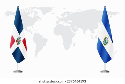 República Dominicana y El Salvador banderas para una reunión oficial en el fondo del mapa mundial.