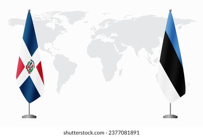 Dominican Republic and Estonia flags for official meeting against background of world map.