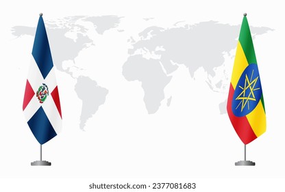 Dominican Republic and Ethiopia flags for official meeting against background of world map.