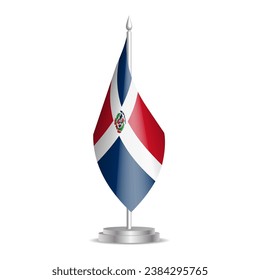 Dominican Republic flag - 3D mini flag hanging on desktop flagpole. Usable for summit or conference presentaiton. Vector illustration with shading.