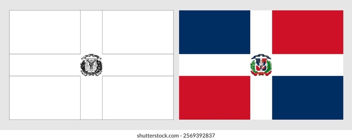 Dominican Republic flag - coloring page. Set of white wireframe thin black outline flag and original colored flag.