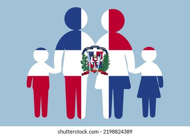 Dominican Republic Flag With Family Concept, Vector Element, Parent And Kids Holding Hands, Immigrant Idea, Happy Family With Dominican Republic Flag, Flat Design Asset